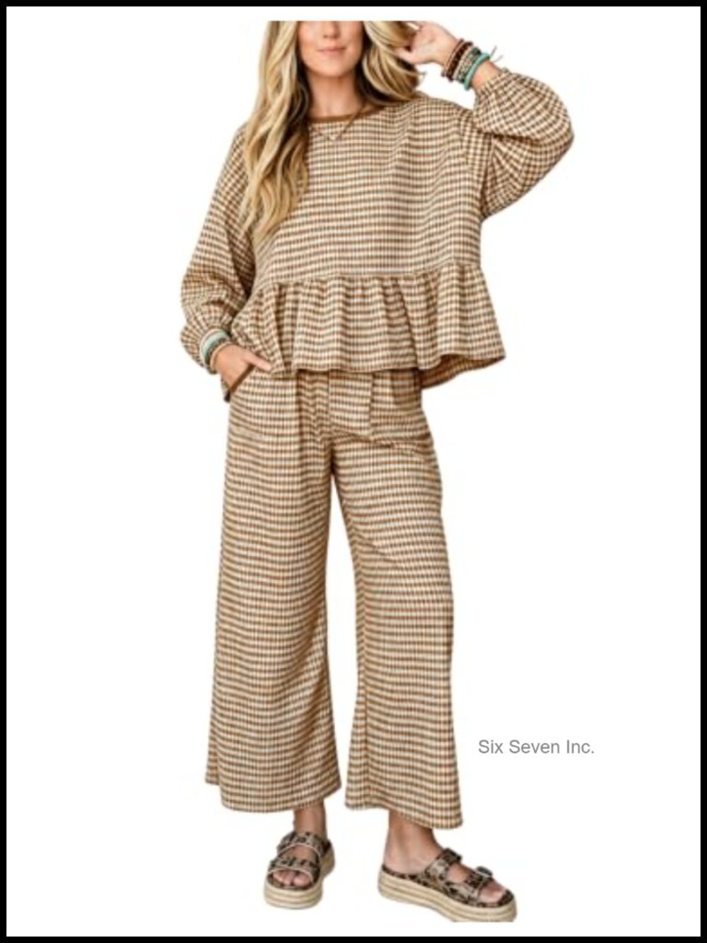 Womens Gingham 2 Piece Lounge Set Ruffle Peplum Top Wide Leg Pants